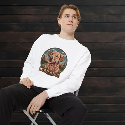Man modeling a white unisex garment-dyed crewneck sweatshirt featuring a Labrador Retriever graphic and cozy dog lover design.