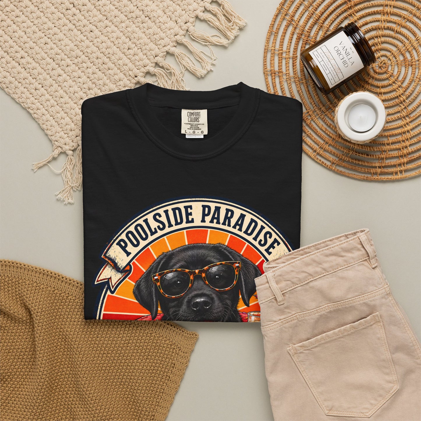 Poolside Paradise Lab Life Petrol - Black Labrador Unisex Garment-Dyed T-shirt