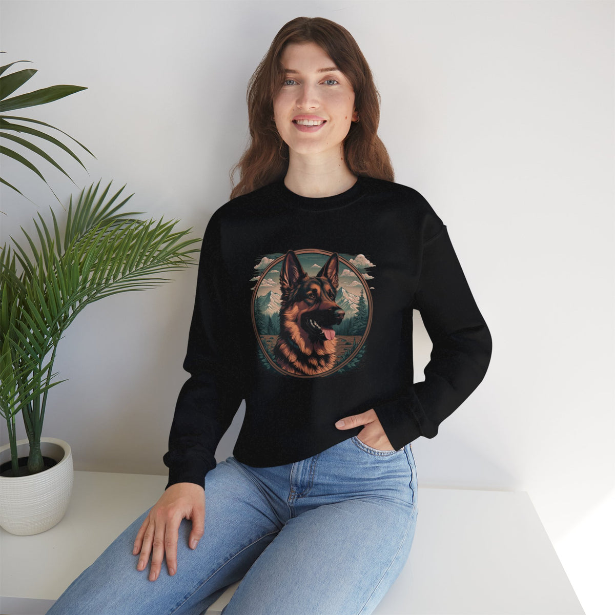 Woman modeling a black unisex German Shepherd crewneck sweatshirt featuring bold dog artwork and casual everyday comfort.
