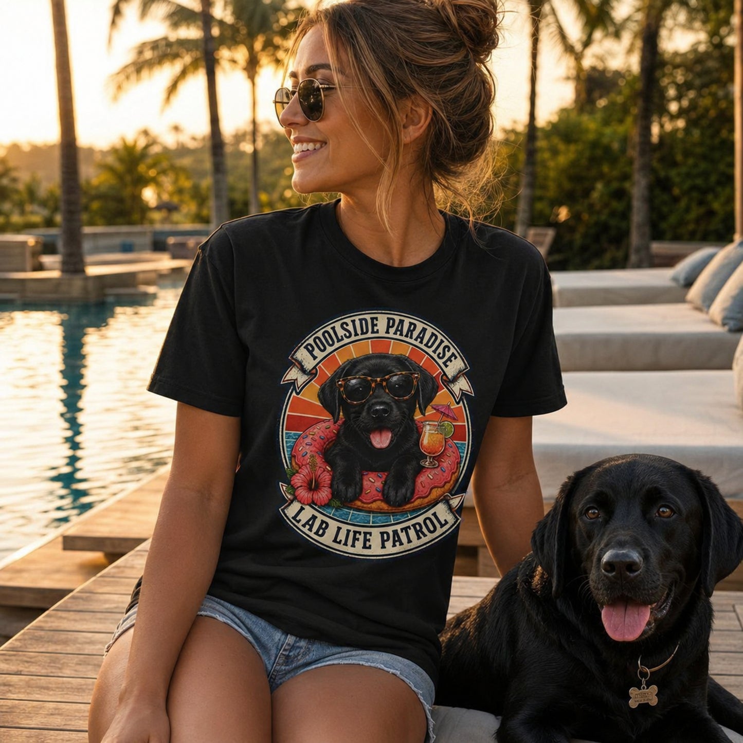 Poolside Paradise T-Shirt | Black Labrador Puppy Pool Float Tee | Pet Print Lab