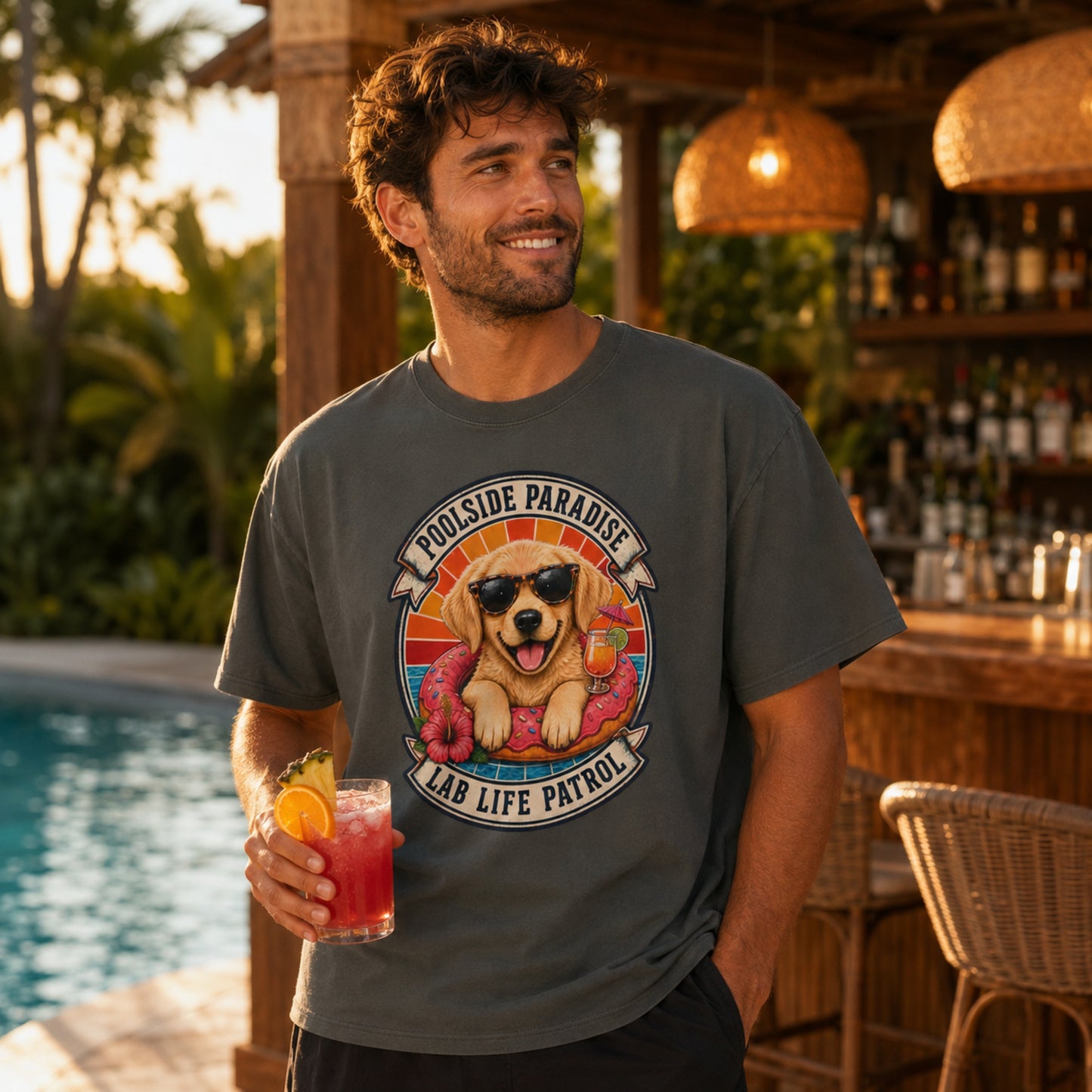 Poolside Paradise T-Shirt | Golden Retriever Puppy Pool Float Tee | Pet Print Lab