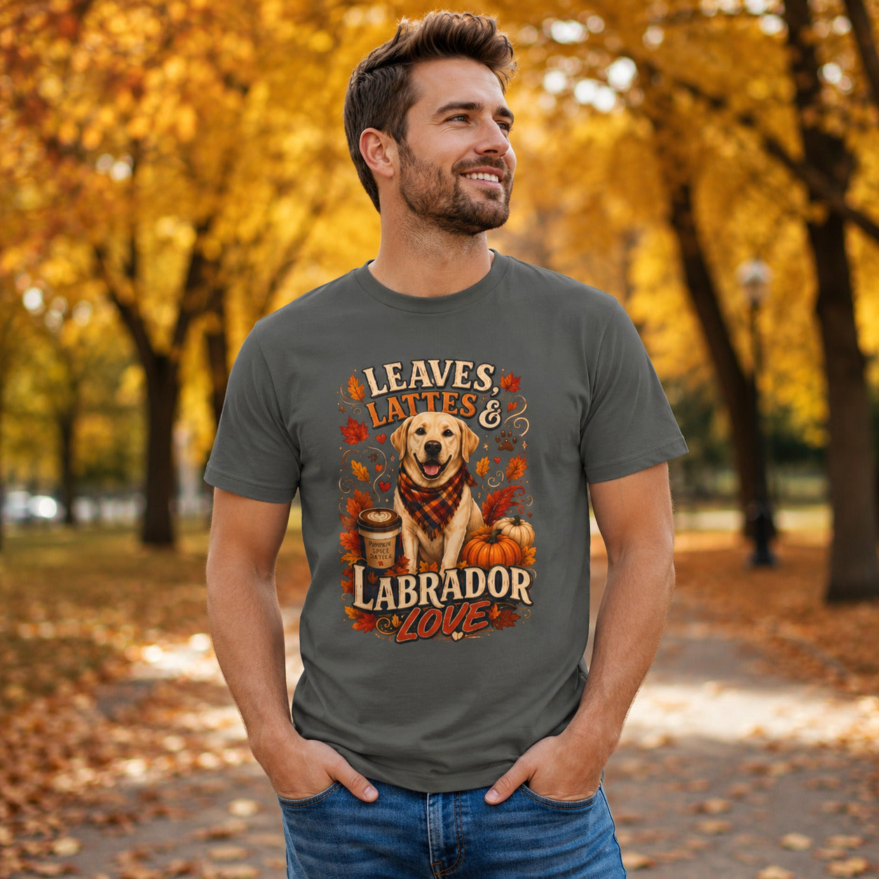 Woman wearing pepper autumn Labrador dog tee at a decorated front porch entrance