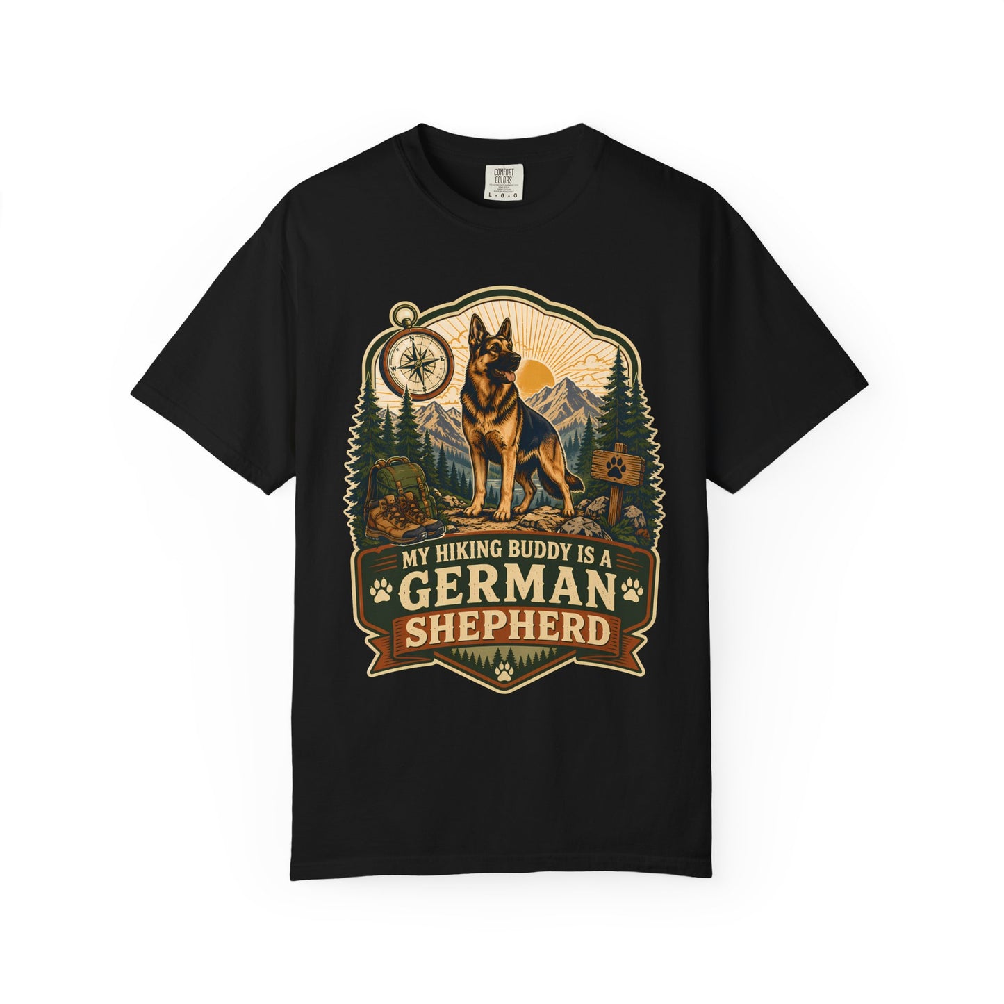 My Hiking Buddy Is A German Shepherd T-Shirt — Outdoor Dog Lover Tee