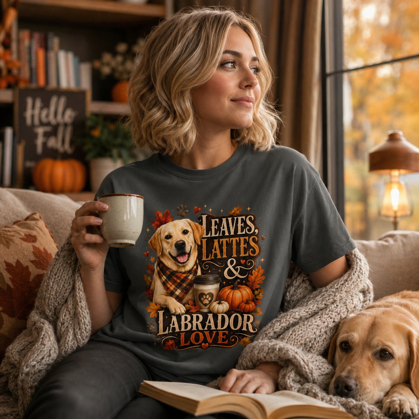 Labrador Fall T-Shirt | Leaves & Lattes Autumn Dog Tee | Pet Print Lab
