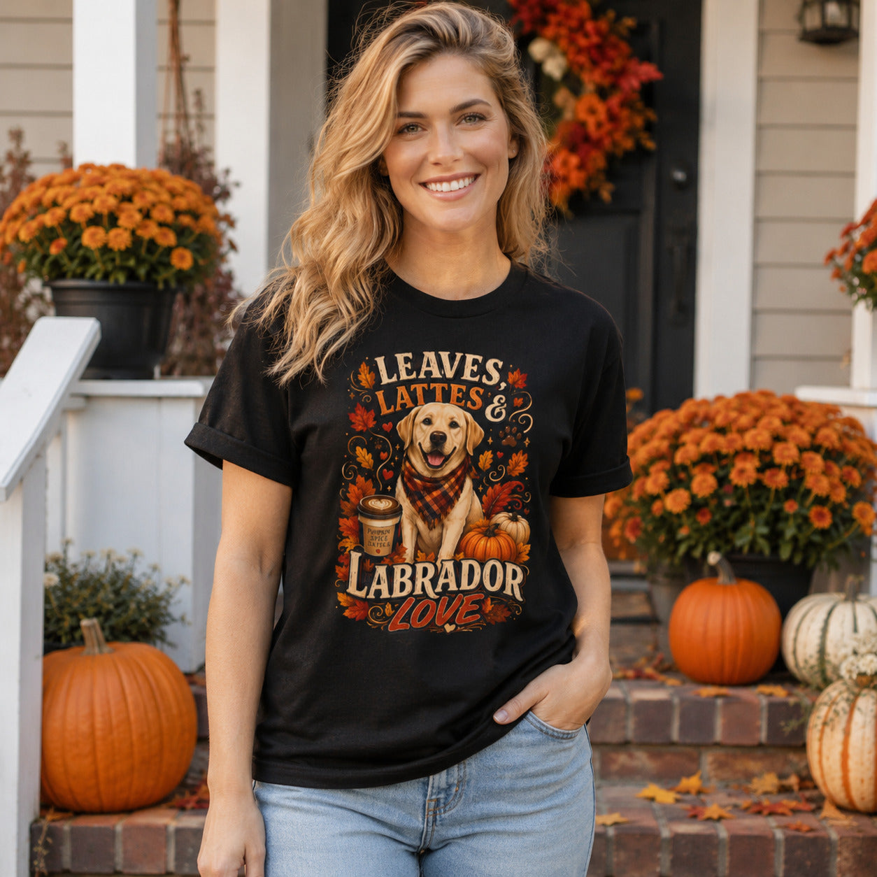 Woman wearing graphite Labrador fall t-shirt on a porch with pumpkins and mums