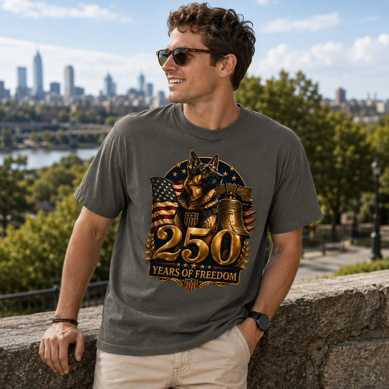 250 Years of Freedom Patriotic T-Shirt — American Flag, Liberty Bell & K9 Tribute