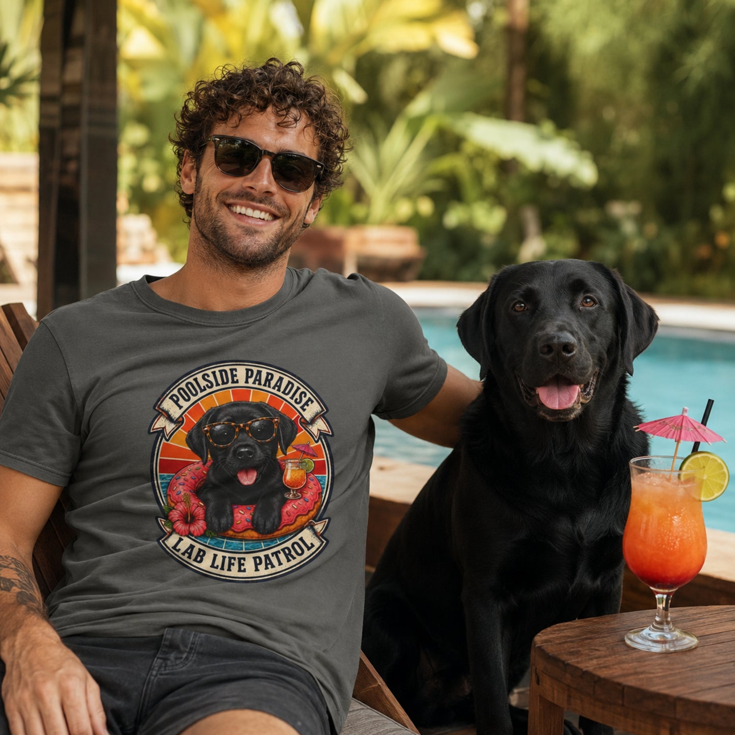 Poolside Paradise T-Shirt | Black Labrador Puppy Pool Float Tee | Pet Print Lab