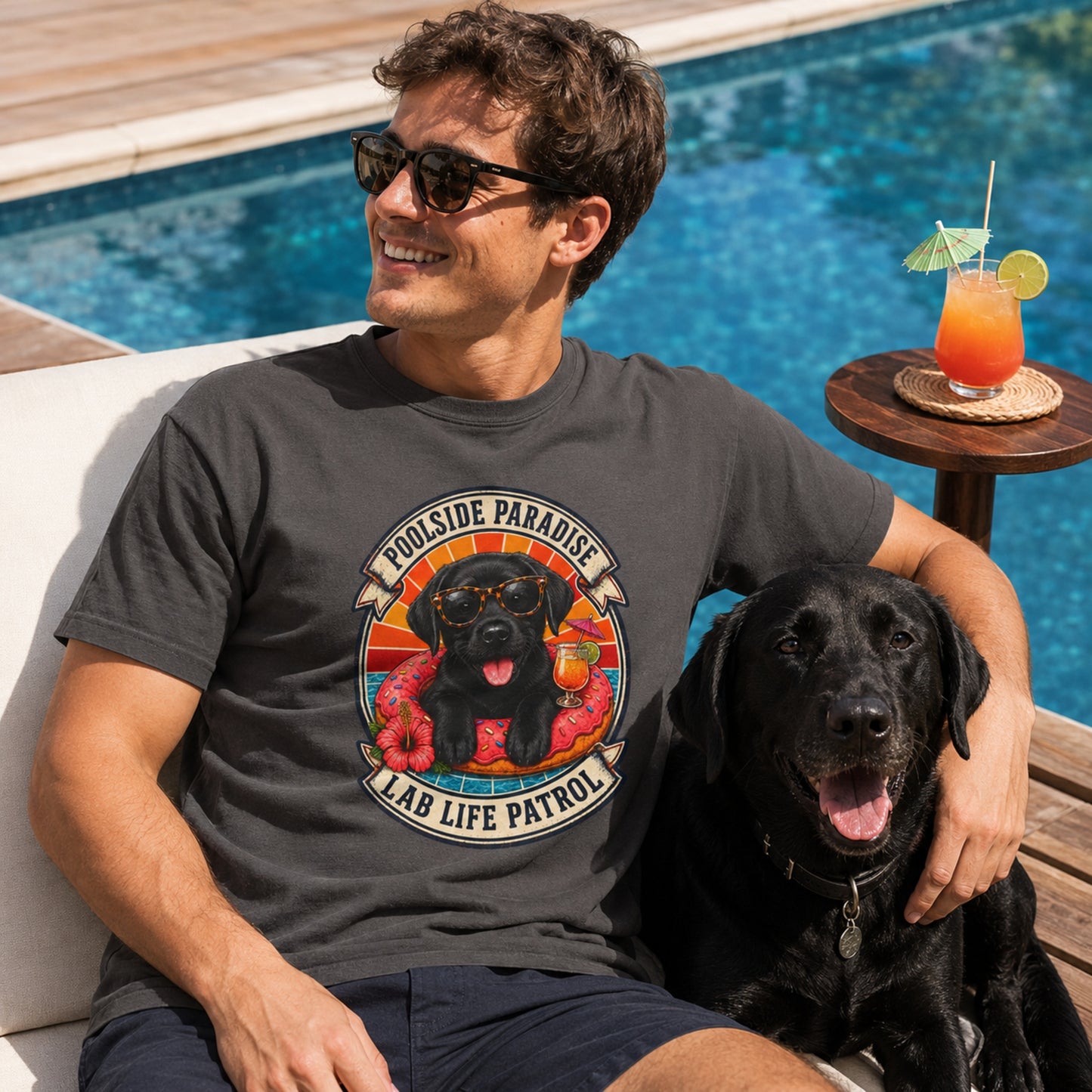 Poolside Paradise T-Shirt | Black Labrador Puppy Pool Float Tee | Pet Print Lab