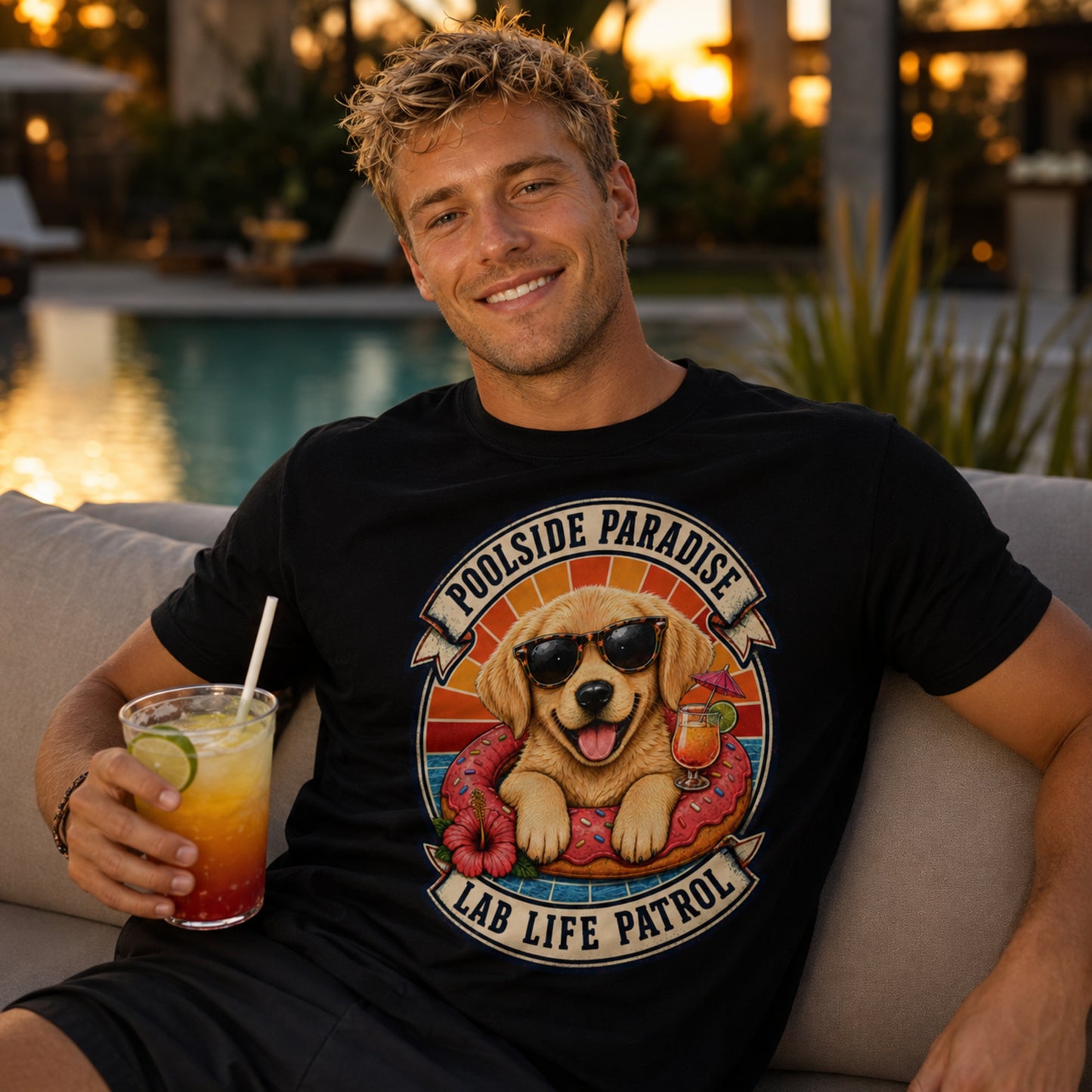 Poolside Paradise T-Shirt | Golden Retriever Puppy Pool Float Tee | Pet Print Lab