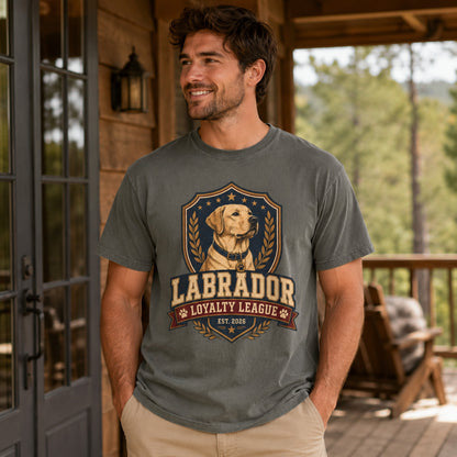Model wearing a pepper Labrador Loyalty League t-shirt with a Labrador in a lifestyle scene