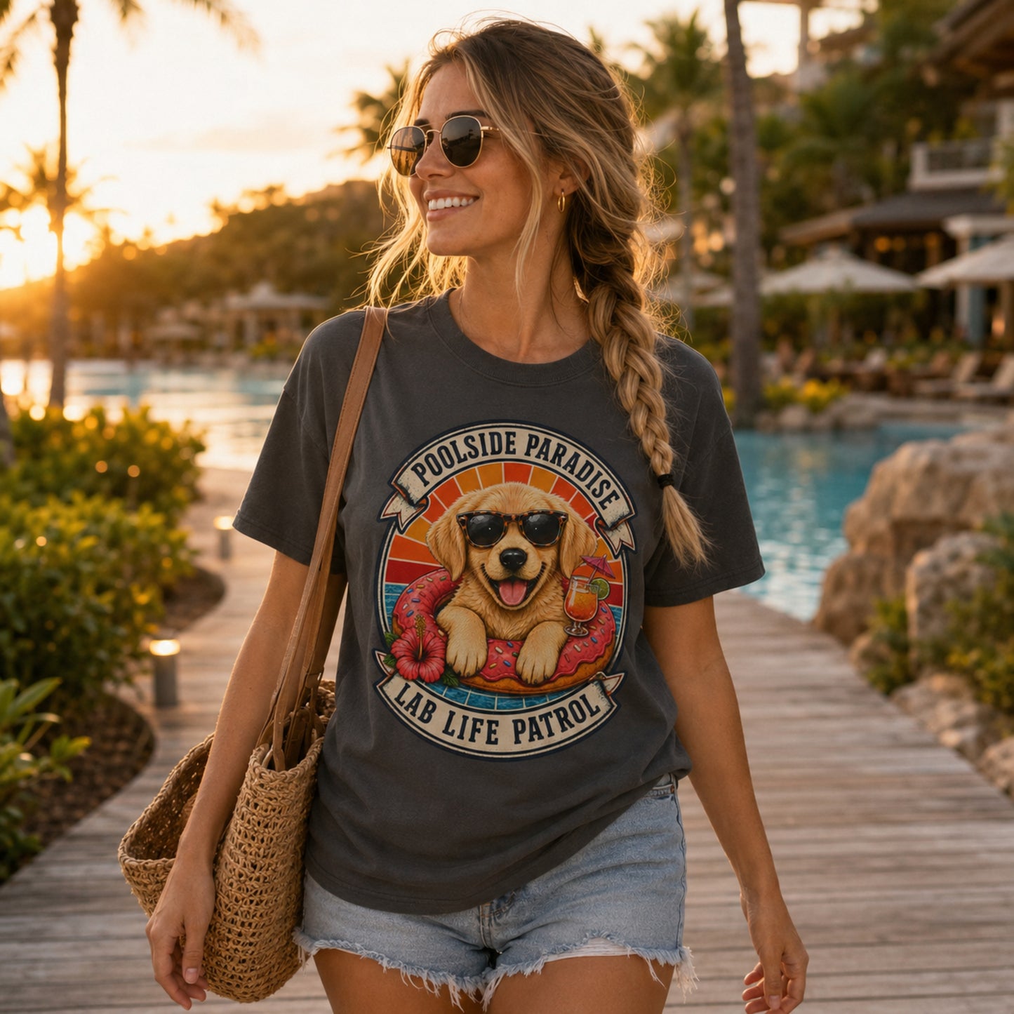 Poolside Paradise T-Shirt | Golden Retriever Puppy Pool Float Tee | Pet Print Lab