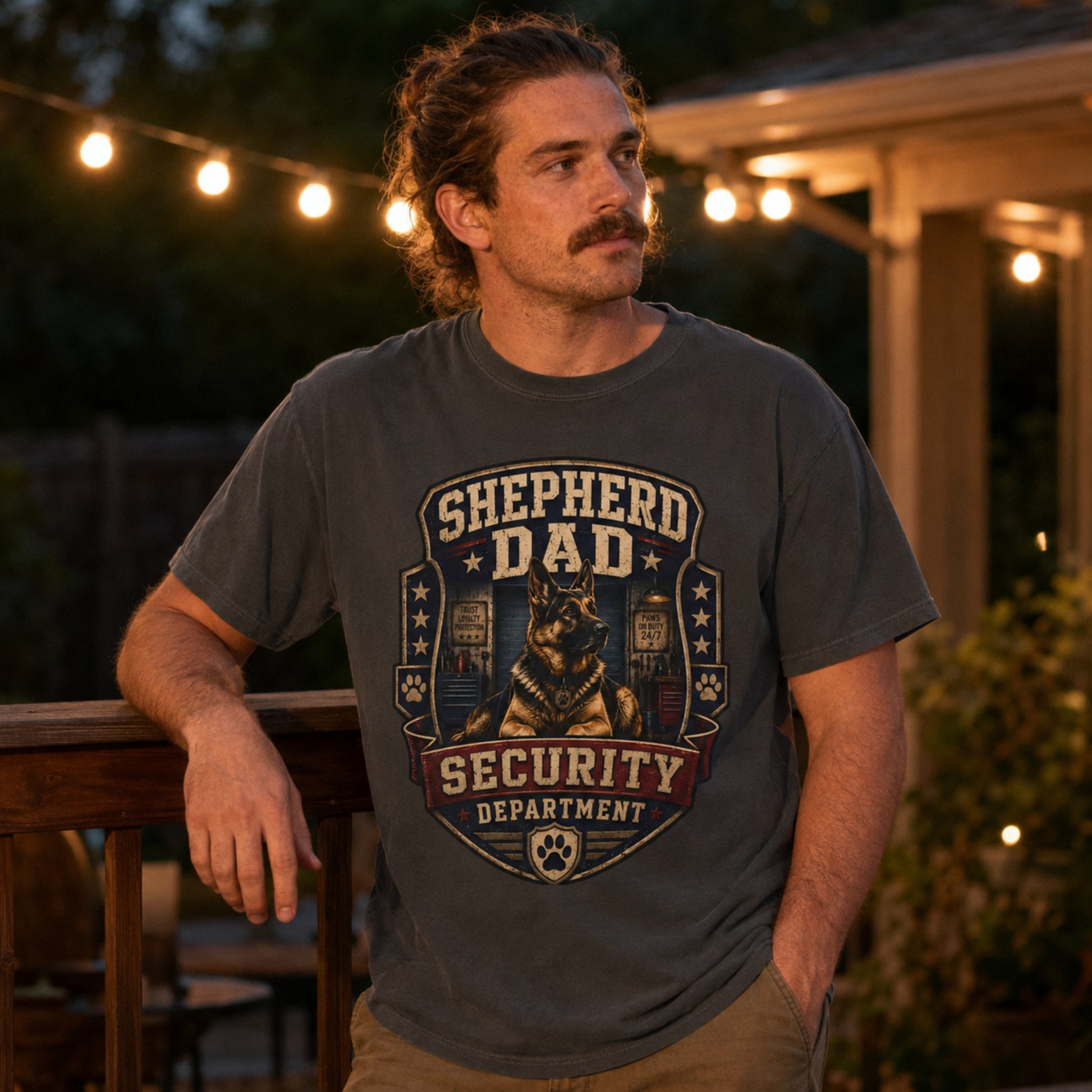 Model wearing a graphite Shepherd Dad Security Department t-shirt with a German Shepherd in a lifestyle scene