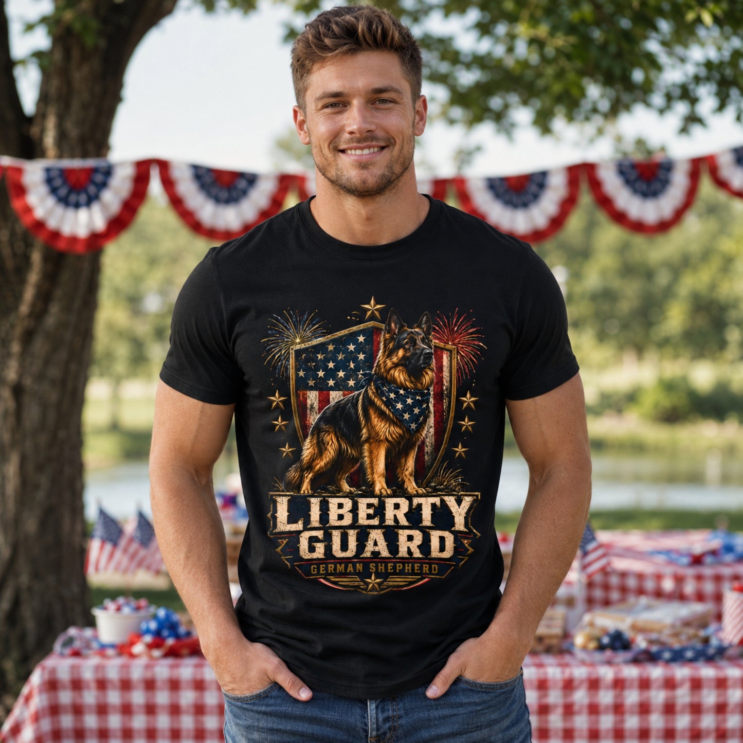 Liberty Guard German Shepherd T-Shirt — Patriotic American Flag Dog Tee