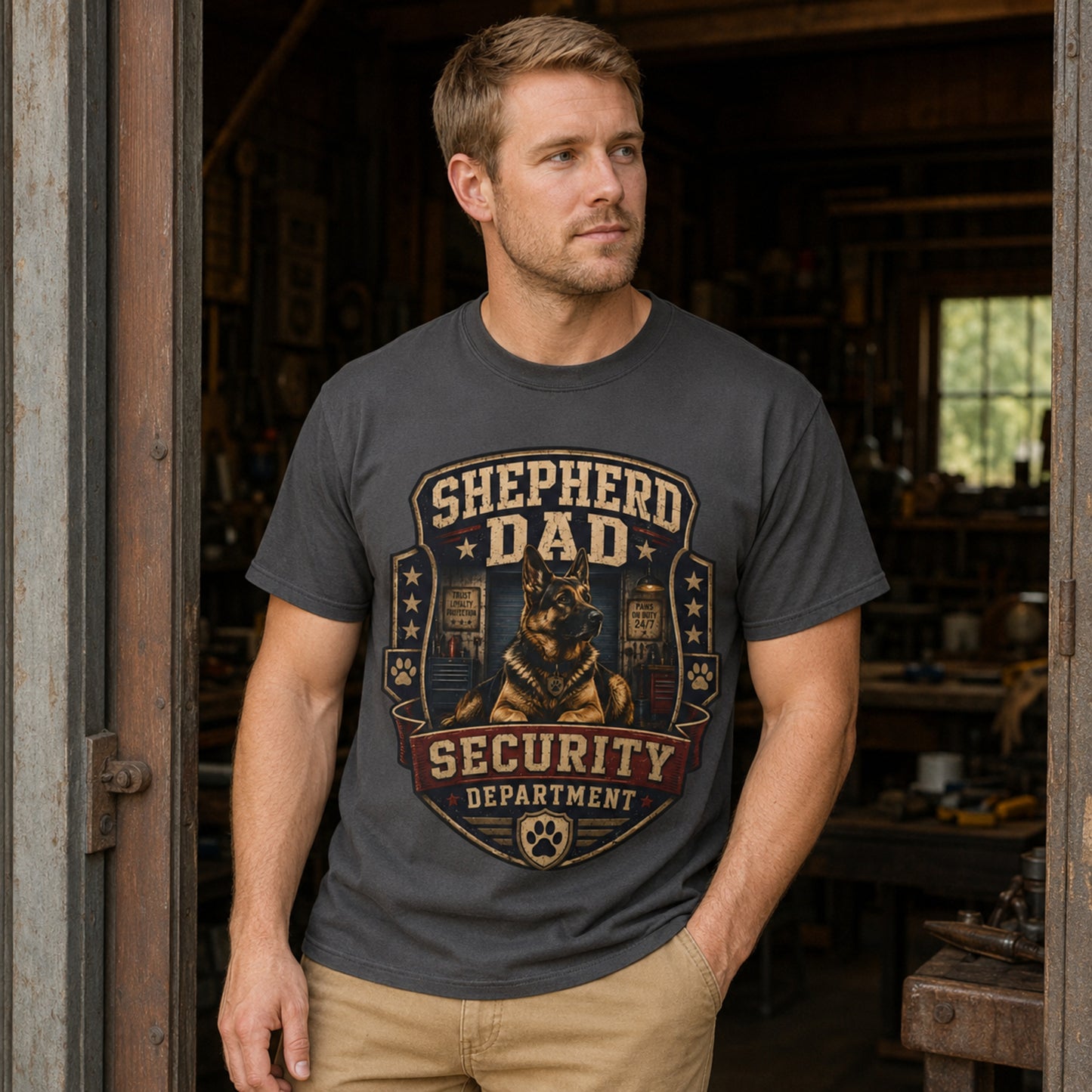 Model wearing a graphite Shepherd Dad Security Department t-shirt with a German Shepherd in a lifestyle scene
