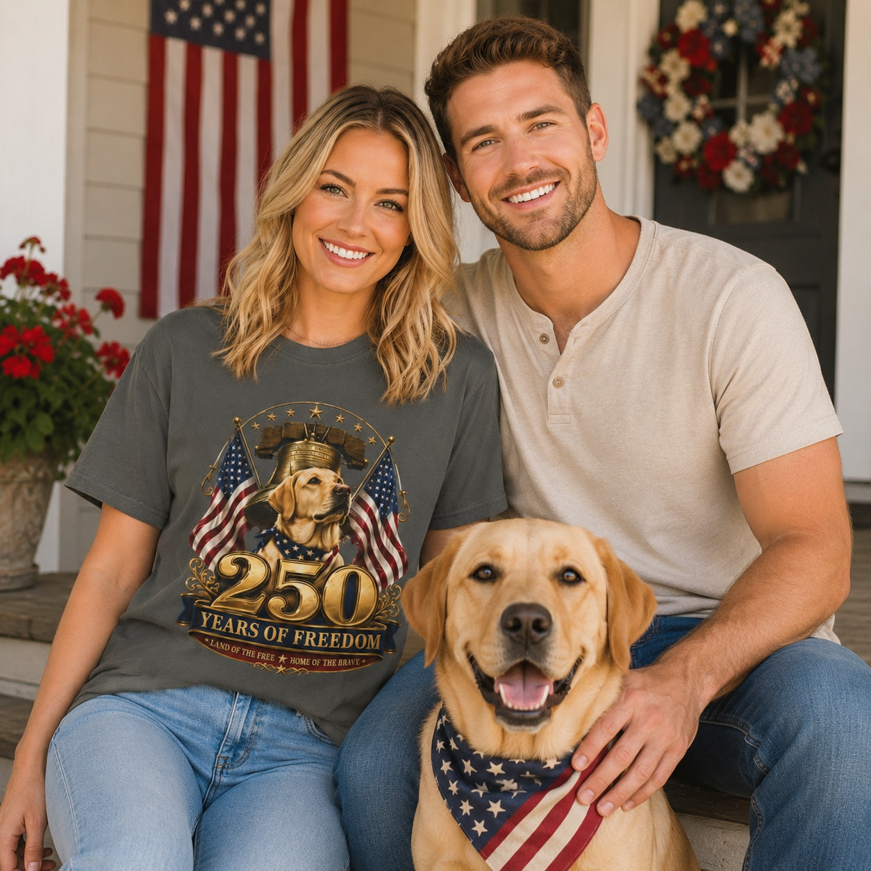 Couple with a golden retriever wearing pepper gray 250 Years of Freedom t-shirts on a porch