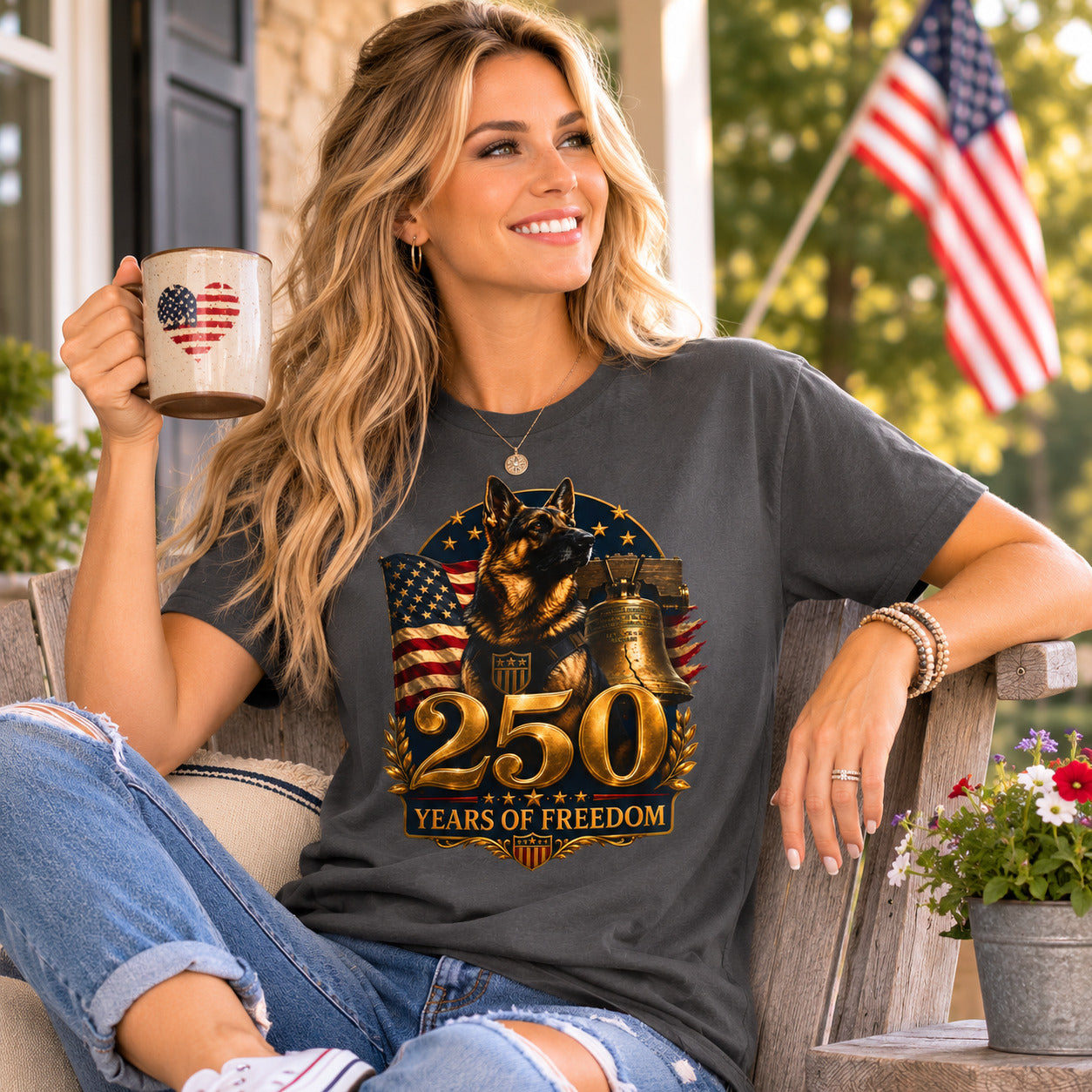250 Years of Freedom Patriotic T-Shirt — American Flag, Liberty Bell & K9 Tribute