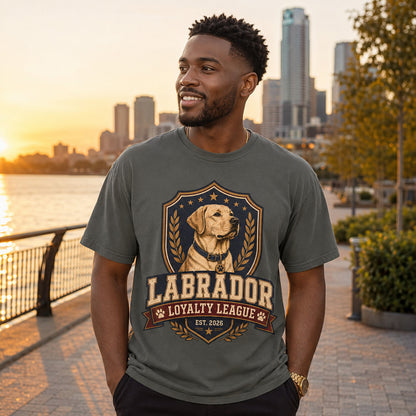 Model wearing a pepper Labrador Loyalty League t-shirt with a Labrador in a lifestyle scene