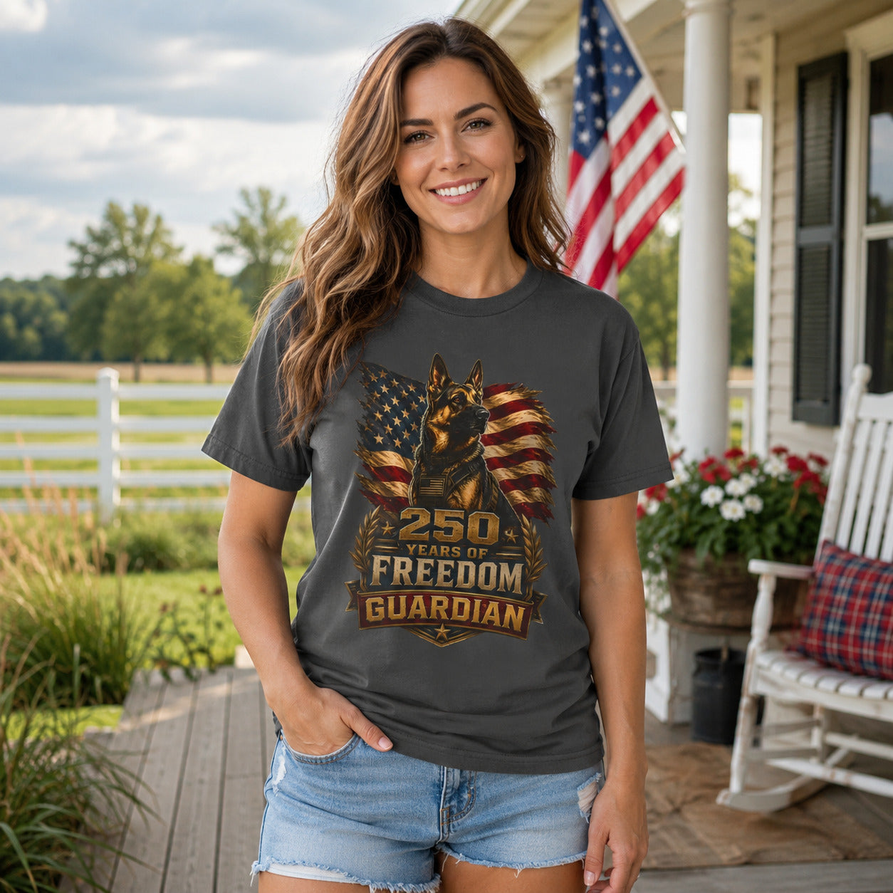 T-Shirt — "250 Years of Freedom" Guardian K9 American Flag Tee