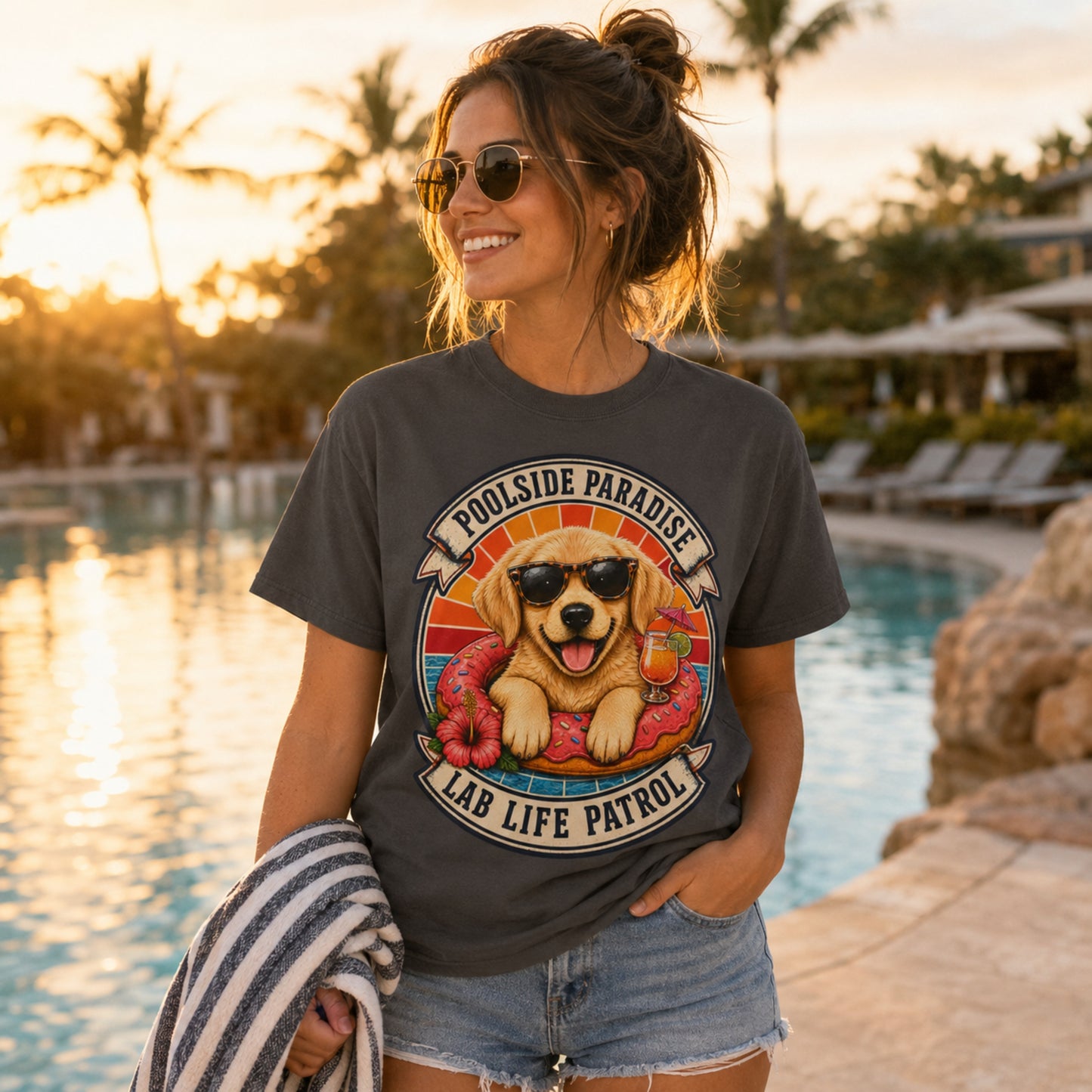 Poolside Paradise T-Shirt | Golden Retriever Puppy Pool Float Tee | Pet Print Lab