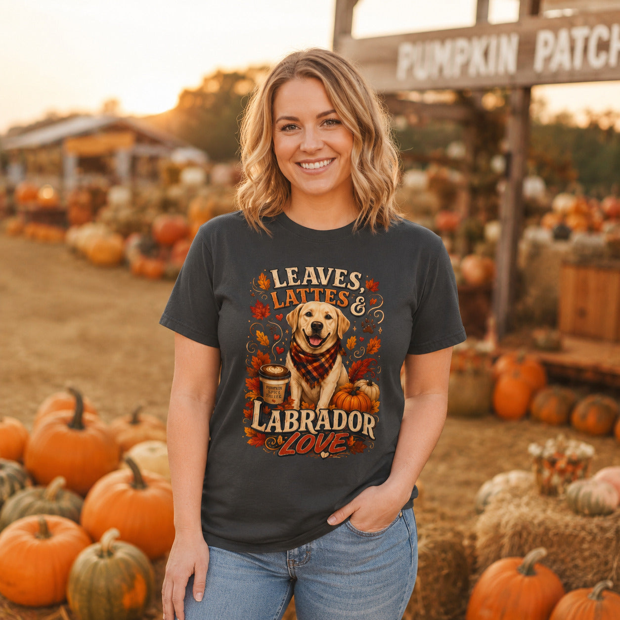 Woman wearing graphite Leaves Lattes Labrador Love tee at a pumpkin patch