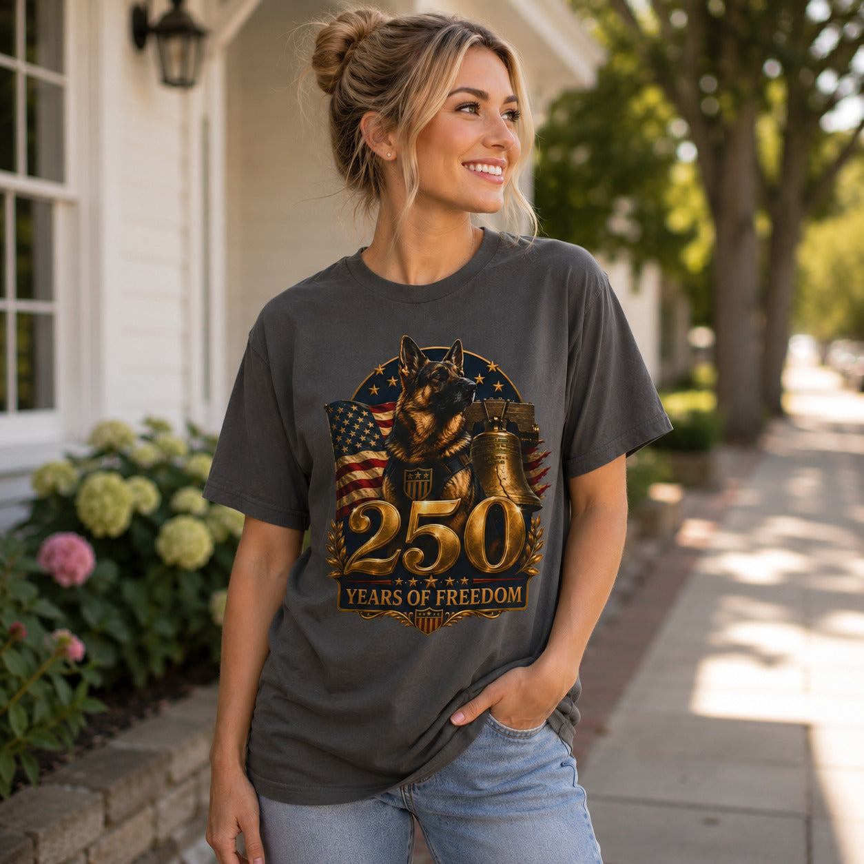 250 Years of Freedom Patriotic T-Shirt — American Flag, Liberty Bell & K9 Tribute