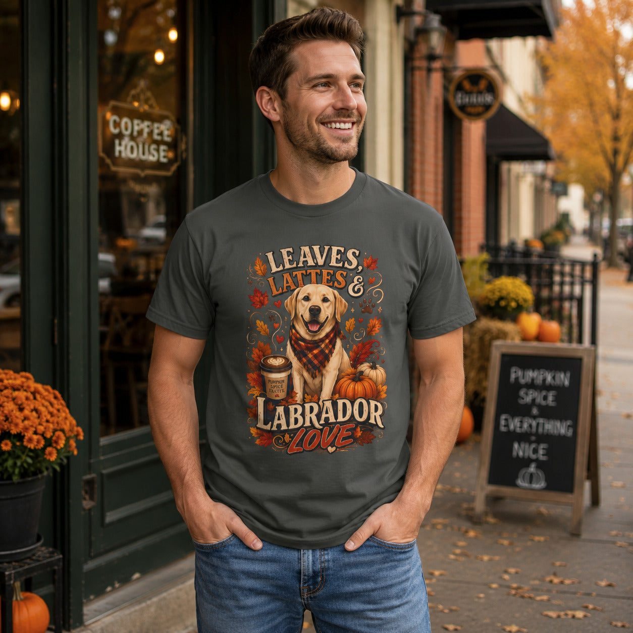 Man wearing pepper autumn Labrador dog tee on a fall coffee shop sidewalk