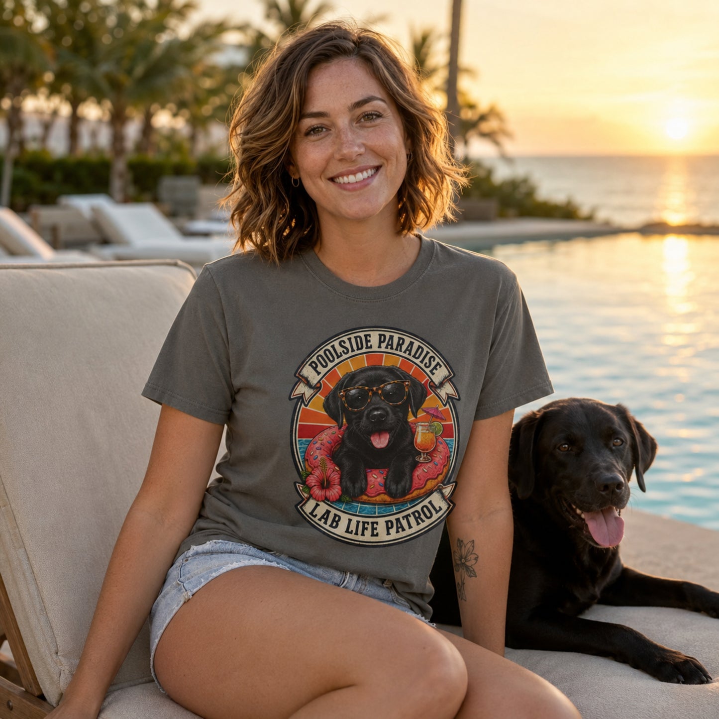 Poolside Paradise T-Shirt | Black Labrador Puppy Pool Float Tee | Pet Print Lab
