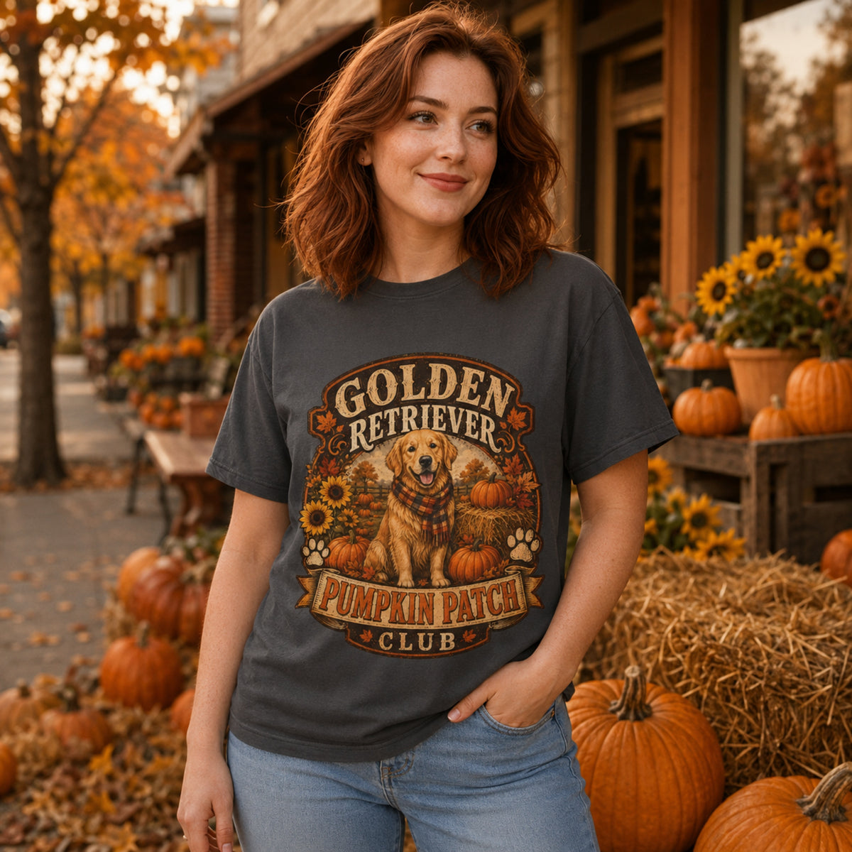 Model wearing a graphite Golden Retriever Pumpkin Patch t-shirt with a Golden Retriever at a pumpkin patch