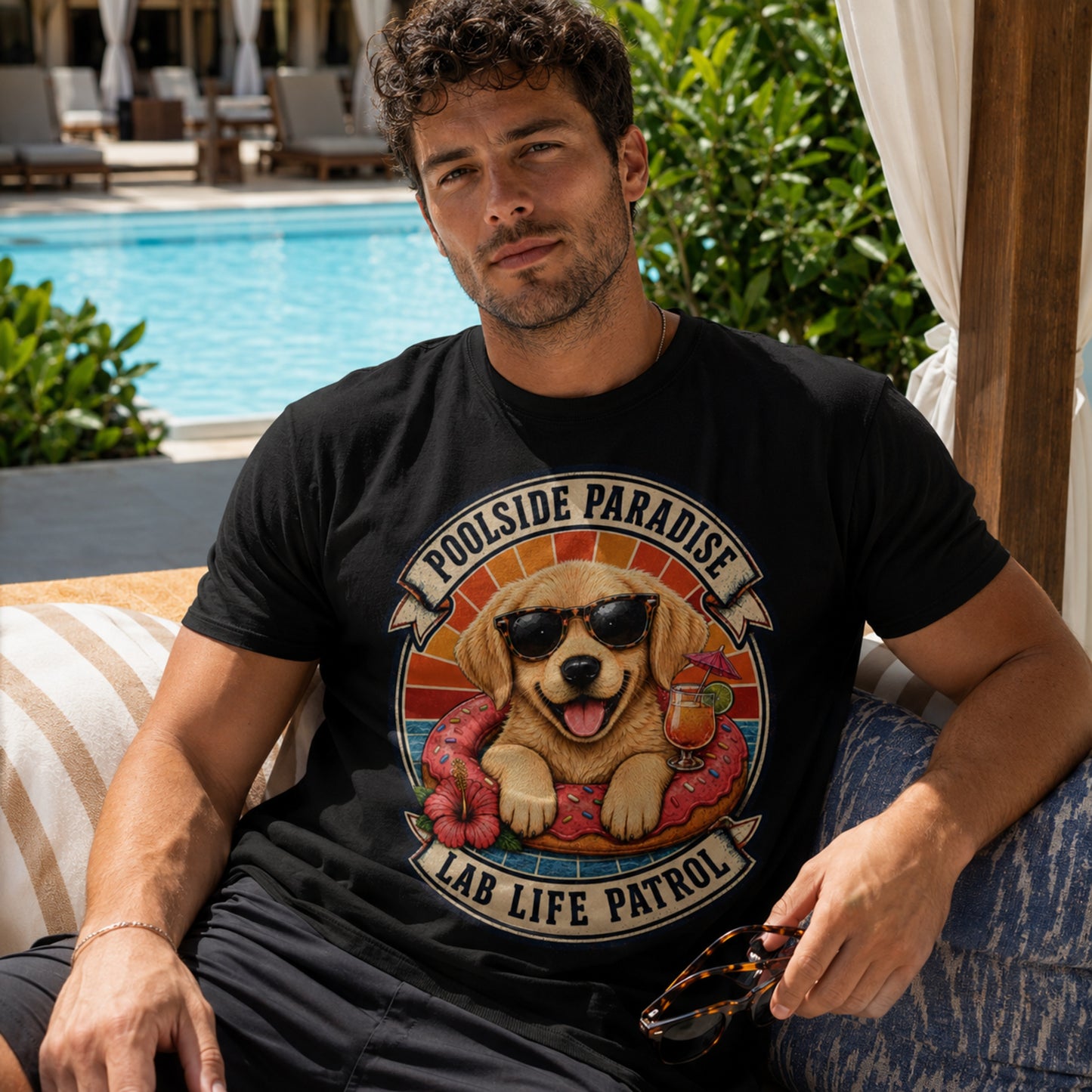 Poolside Paradise T-Shirt | Golden Retriever Puppy Pool Float Tee | Pet Print Lab