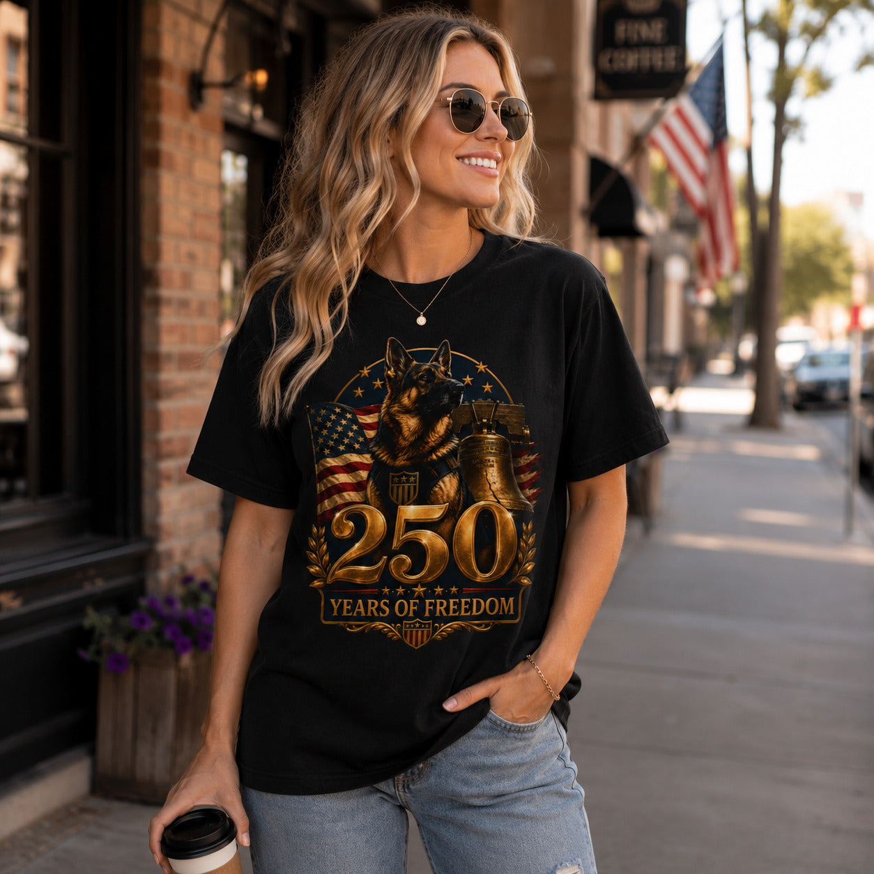 250 Years of Freedom Patriotic T-Shirt — American Flag, Liberty Bell & K9 Tribute