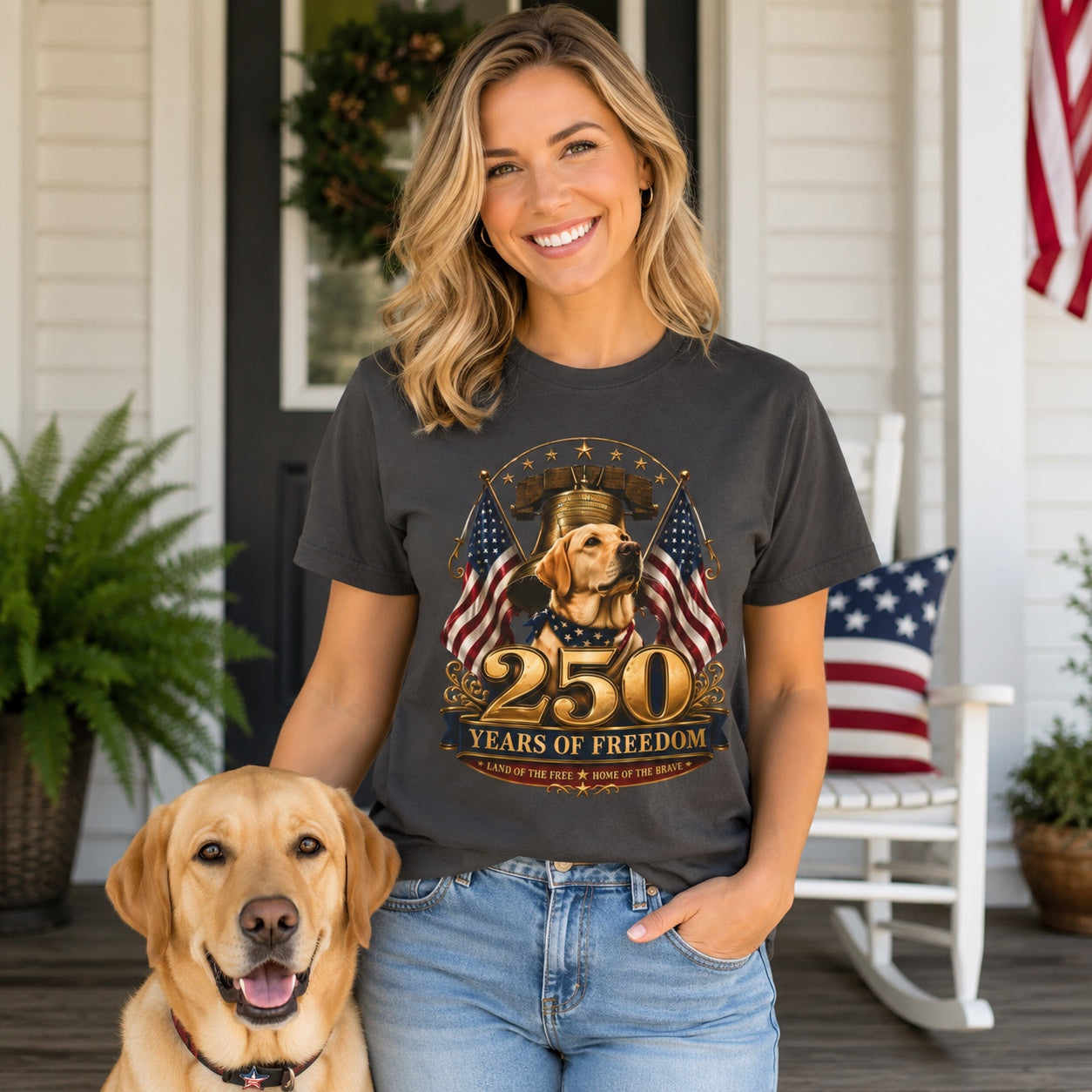 Woman in a graphite patriotic dog t-shirt standing with a golden retriever on a porch