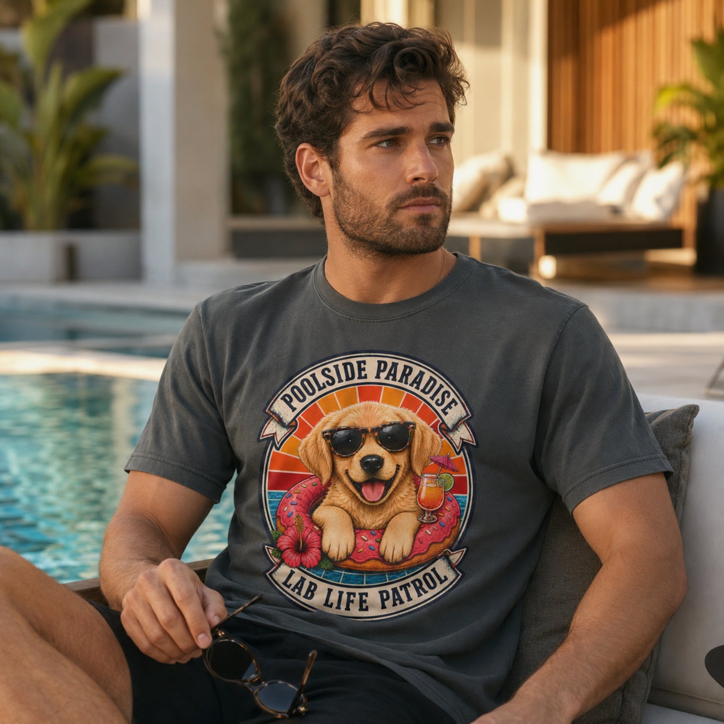 Poolside Paradise T-Shirt | Golden Retriever Puppy Pool Float Tee | Pet Print Lab