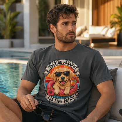 Model wearing a pepper Poolside Paradise t-shirt with a Golden Retriever puppy on a pool float