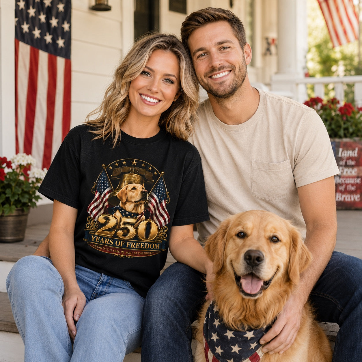 Couple with a golden retriever wearing black patriotic 250 Years of Freedom t-shirts on a porch