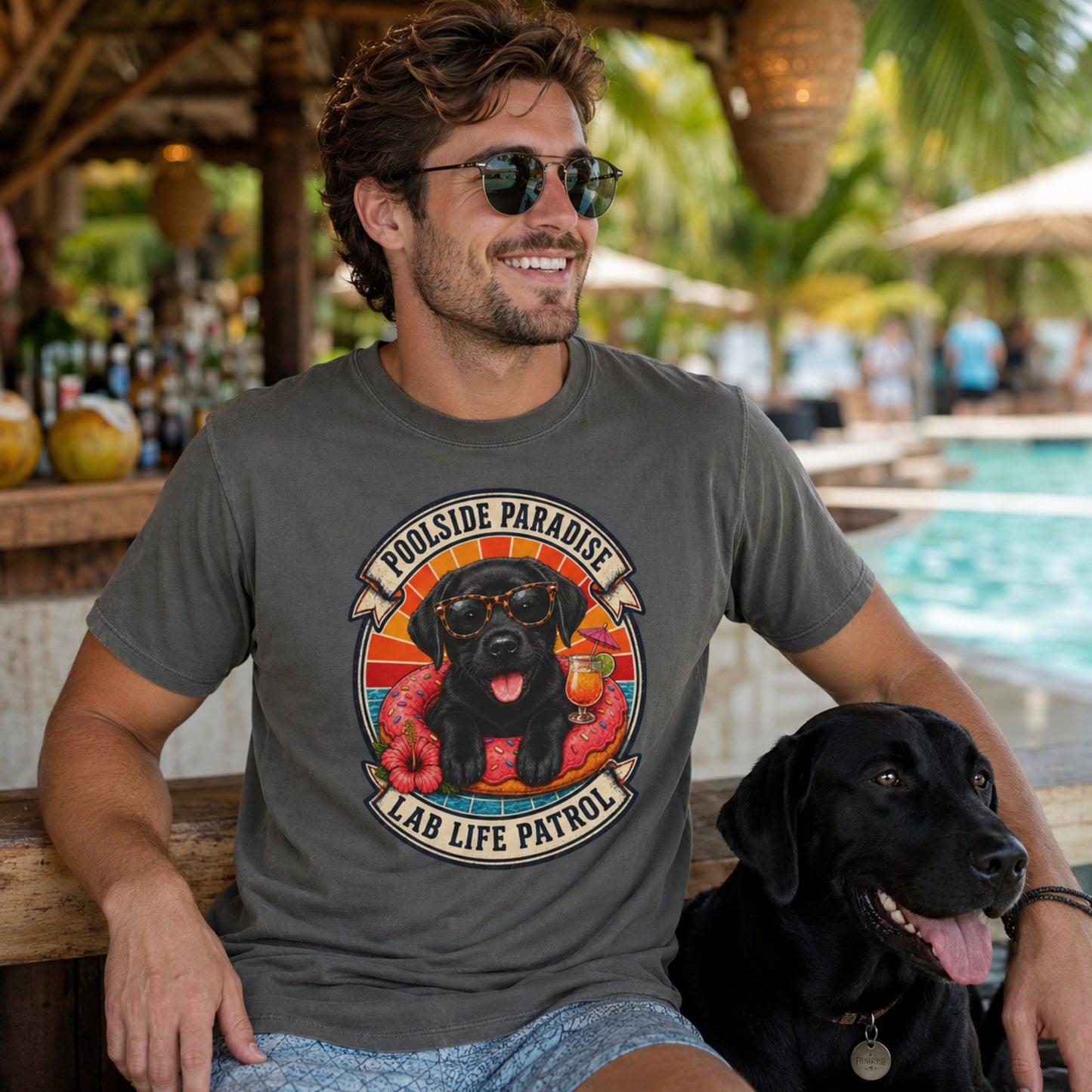 Poolside Paradise T-Shirt | Black Labrador Puppy Pool Float Tee | Pet Print Lab
