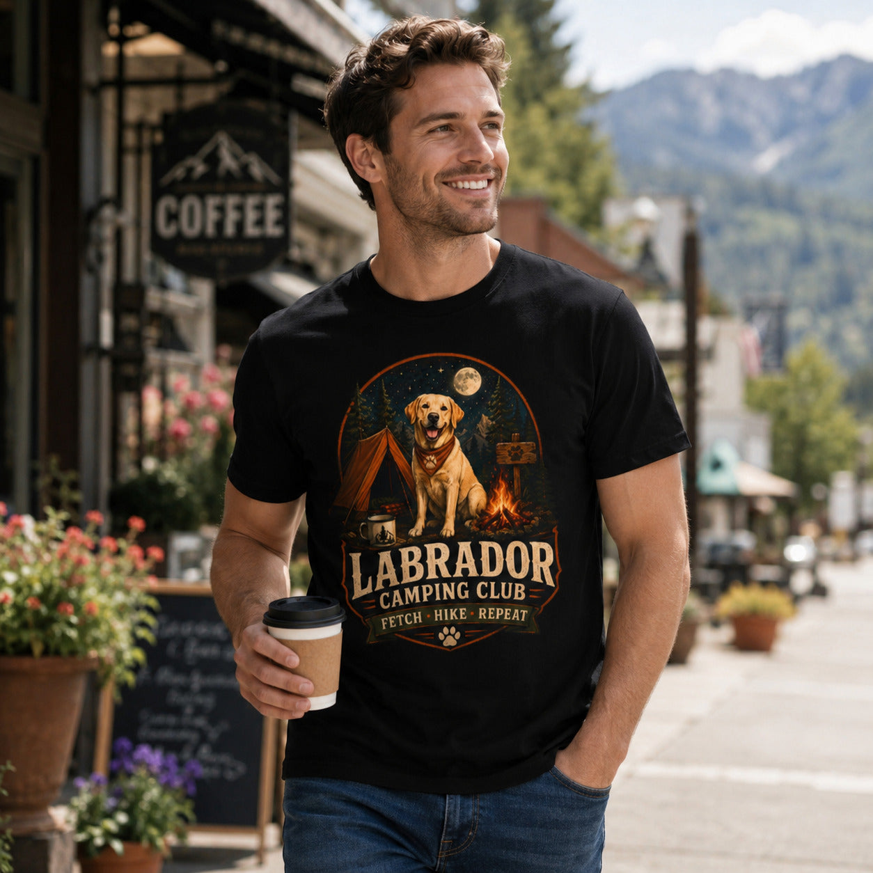 Labrador Camping Club T-Shirt — "Fetch • Hike • Repeat" Dog Lover Tee