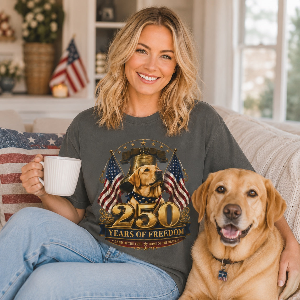 Woman in a pepper patriotic t-shirt sitting on a couch holding coffee with a golden retriever