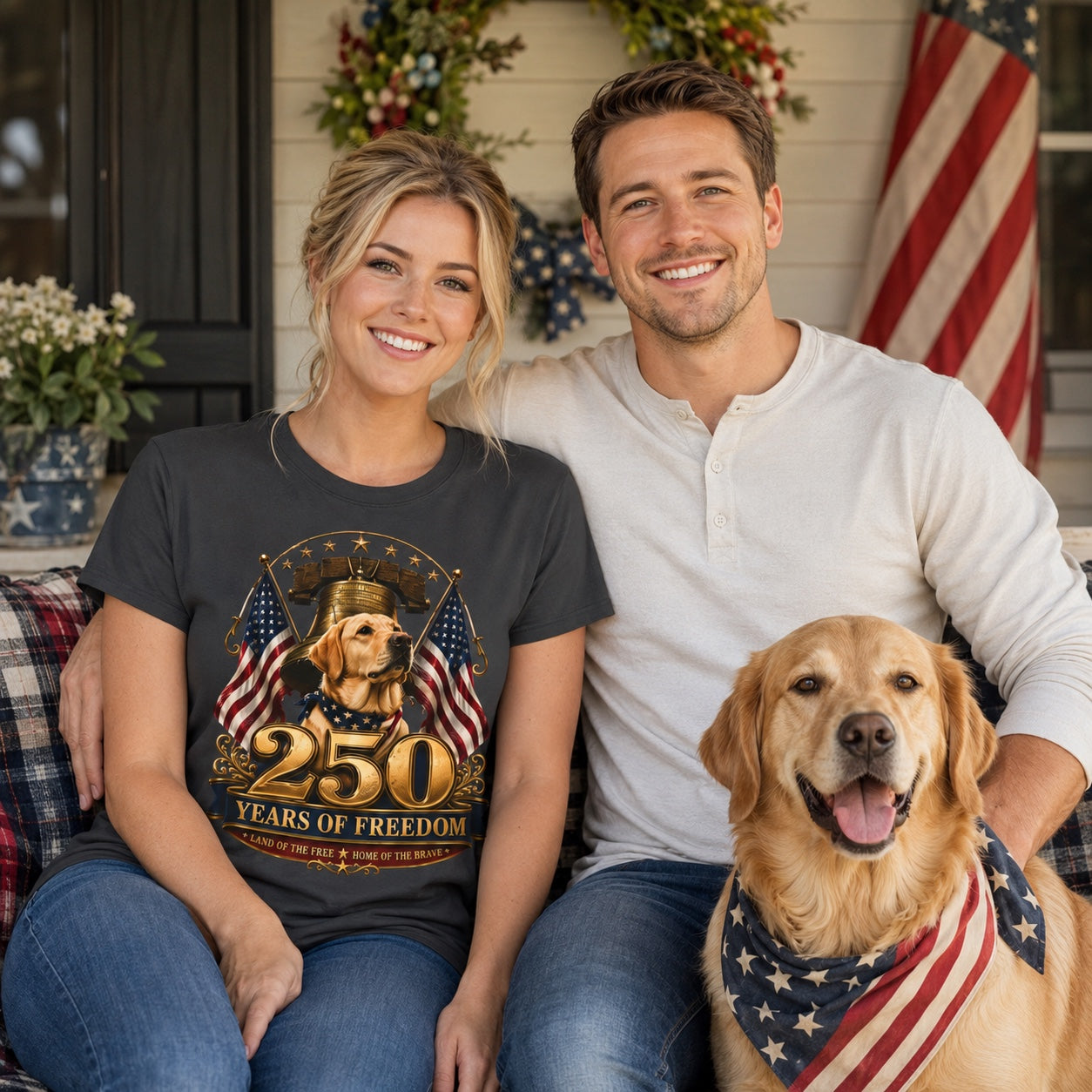 Couple with a golden retriever wearing graphite 250 Years of Freedom t-shirts outdoors