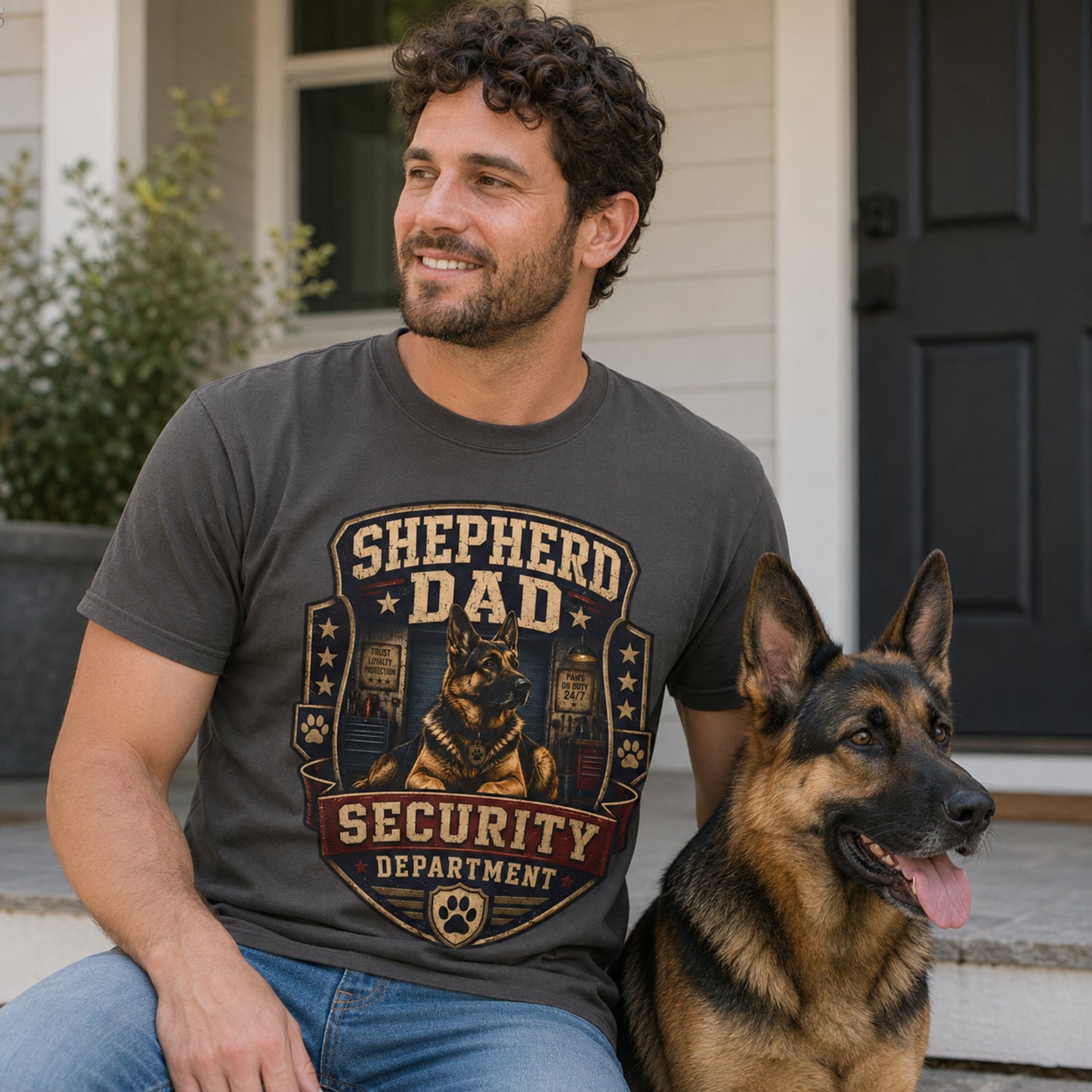 Model wearing a graphite Shepherd Dad Security Department t-shirt with a German Shepherd in a lifestyle scene