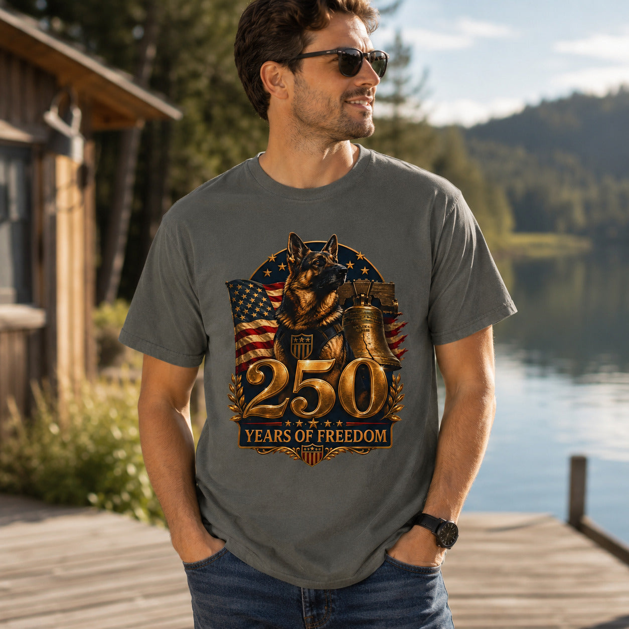 250 Years of Freedom Patriotic T-Shirt — American Flag, Liberty Bell & K9 Tribute