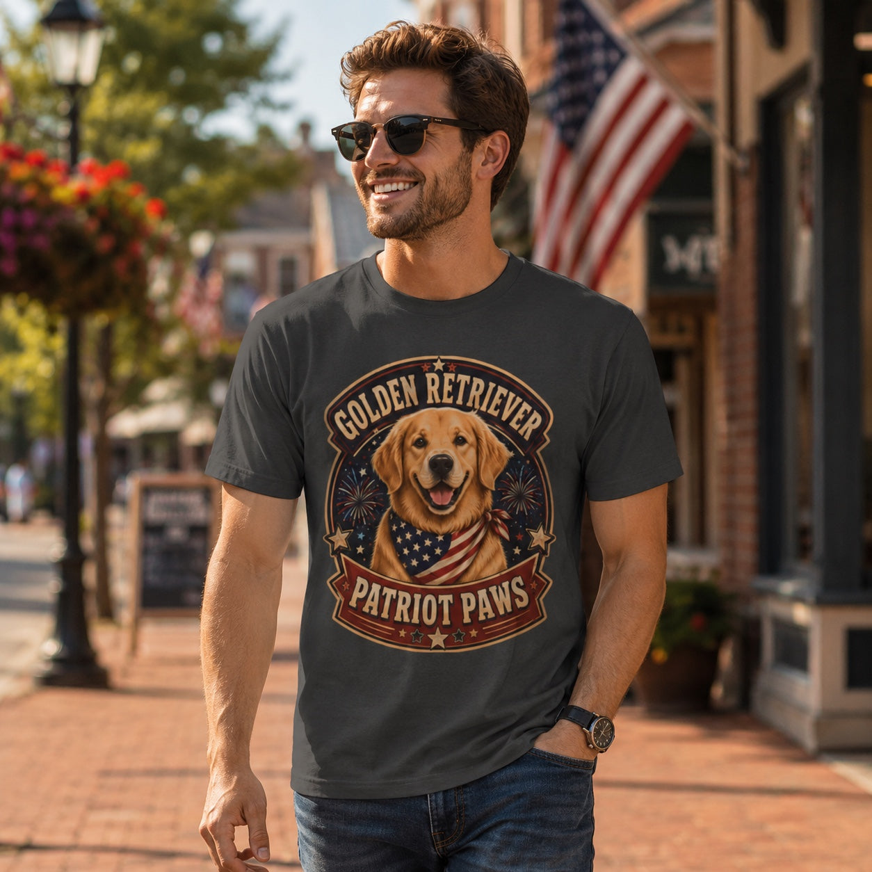 Golden Retriever Patriot Paws T-Shirt | American Flag Bandana Dog Tee | Pet Print Lab