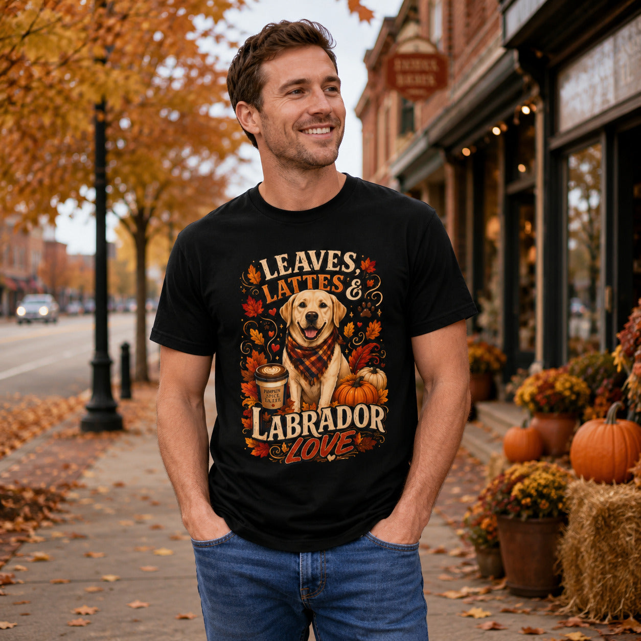 Man wearing black Leaves Lattes Labrador Love autumn dog tee on a fall sidewalk