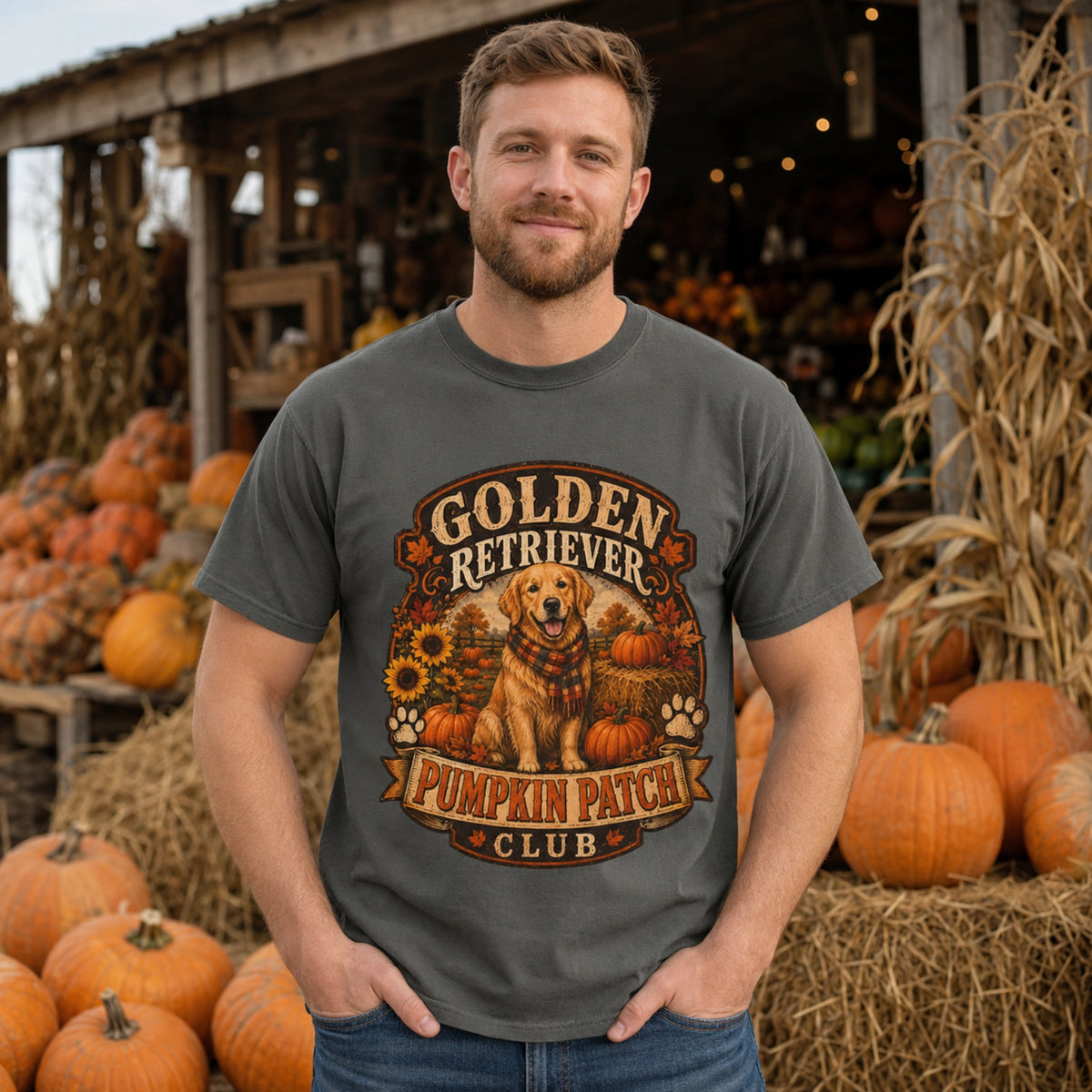 Model wearing a pepper Golden Retriever Pumpkin Patch t-shirt with a Golden Retriever at a pumpkin patch