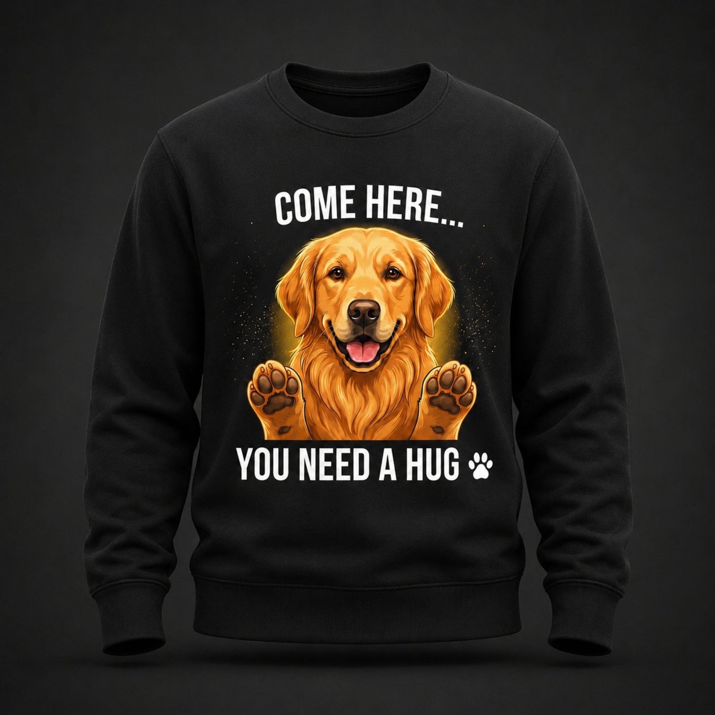 Premium black sweatshirt mock-up featuring a Golden Retriever “Come Here You Need a Hug” design.