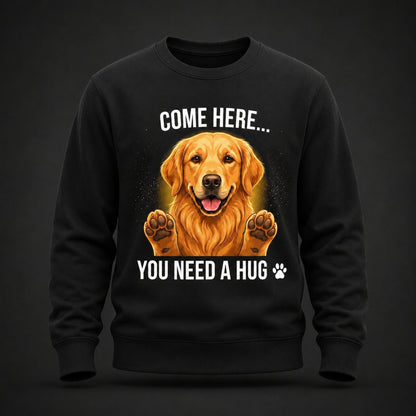 Premium black sweatshirt mock-up featuring a Golden Retriever “Come Here You Need a Hug” design.