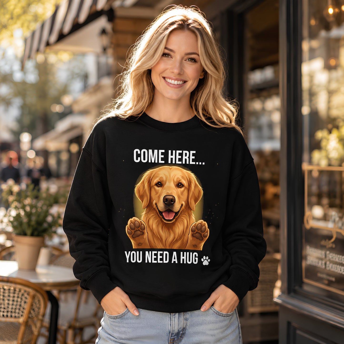 Woman wearing a black dog lover sweatshirt featuring a Golden Retriever hug design outside a cafe.