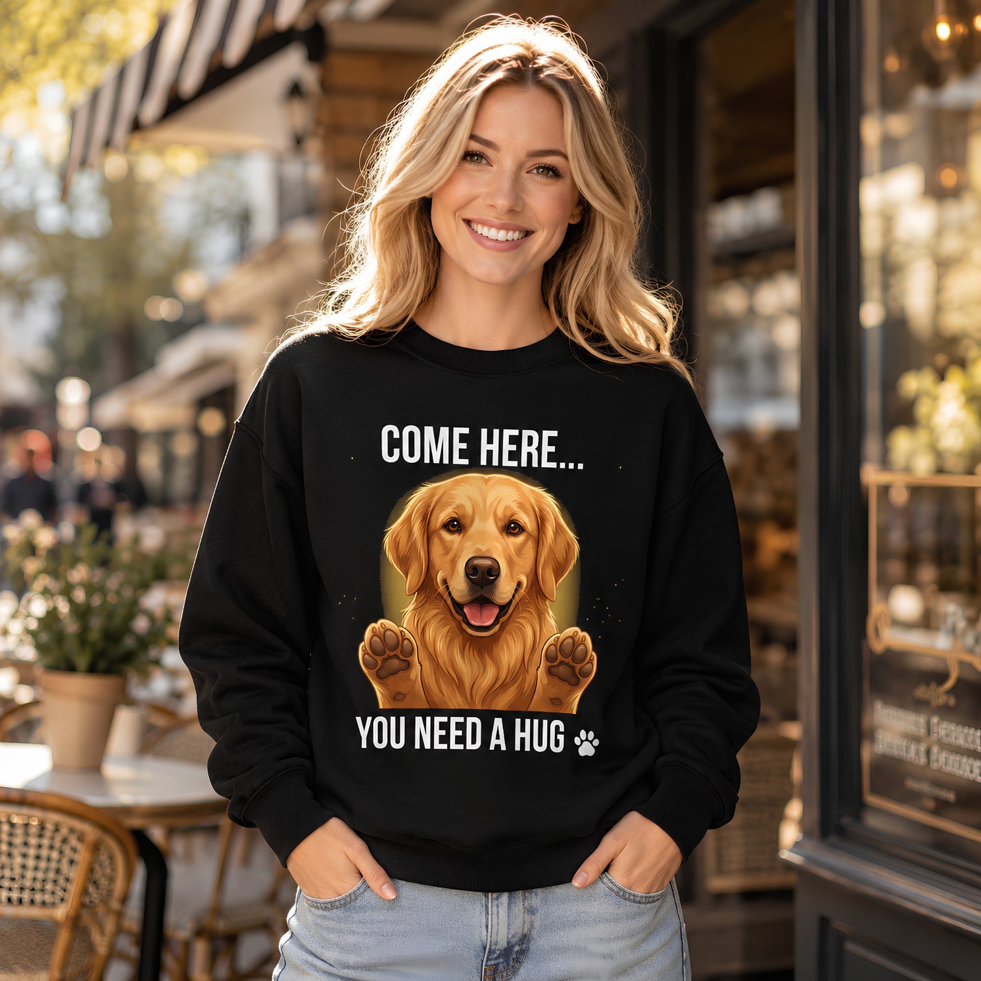 Woman wearing a black dog lover sweatshirt featuring a Golden Retriever hug design outside a cafe.
