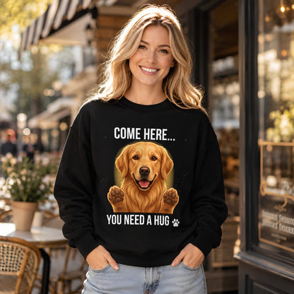 Woman wearing a black dog lover sweatshirt featuring a Golden Retriever hug design outside a cafe.