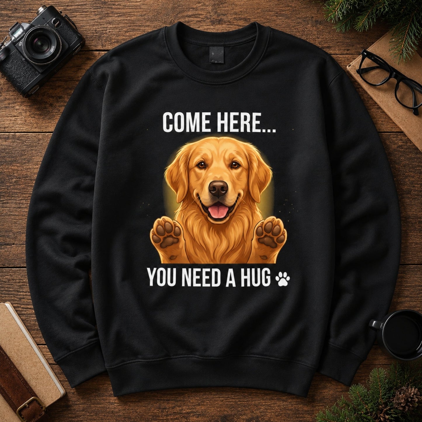 Premium flat lay mock-up of a black Golden Retriever dog lover sweatshirt on a wooden background.