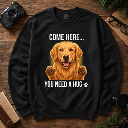 Premium flat lay mock-up of a black Golden Retriever dog lover sweatshirt on a wooden background.